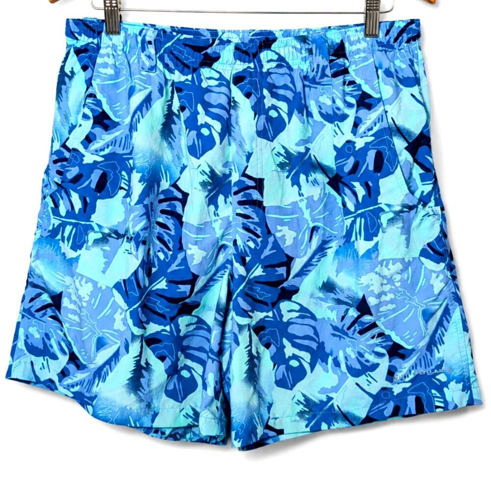 Columbia PFG Blue Tropical Leaf Print Swim Trunks Medium Omni-Shade Mesh Lined